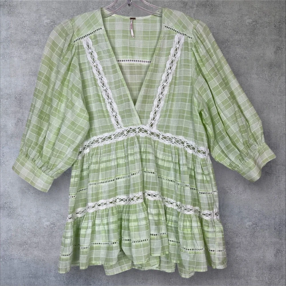 Free People Green Plaid Babydoll Tunic Mini Dress Womens S Oversized Tiered Boho